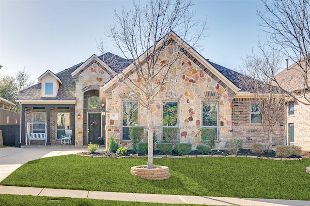 french country style house with stone siding, a shingled roof, a front lawn, and brick siding