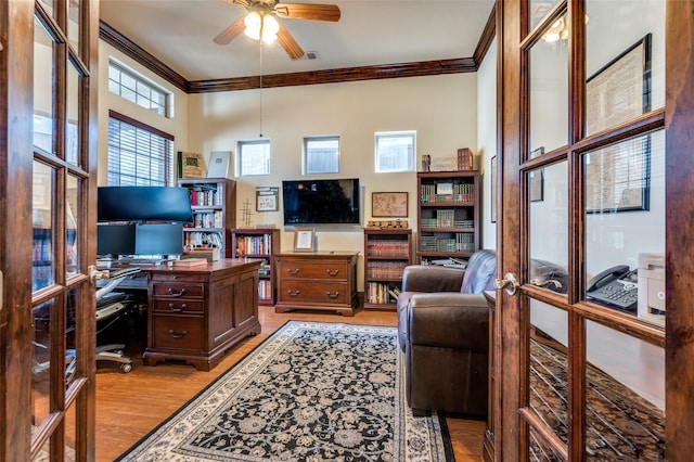 2807 Millington Dr, Highland Village, TX 75077 - home office with french doors, ornamental molding, light wood-type flooring, and a ceiling fan