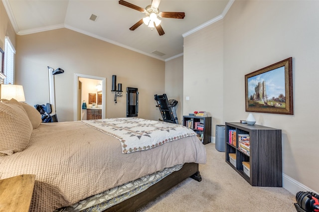 2807 Millington Dr, Highland Village, TX 75077 - bedroom with carpet floors, visible vents, baseboards, vaulted ceiling, and crown molding