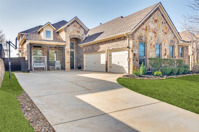 view of front of home featuring an attached garage, brick siding, concrete driveway, stone siding, and a front lawn