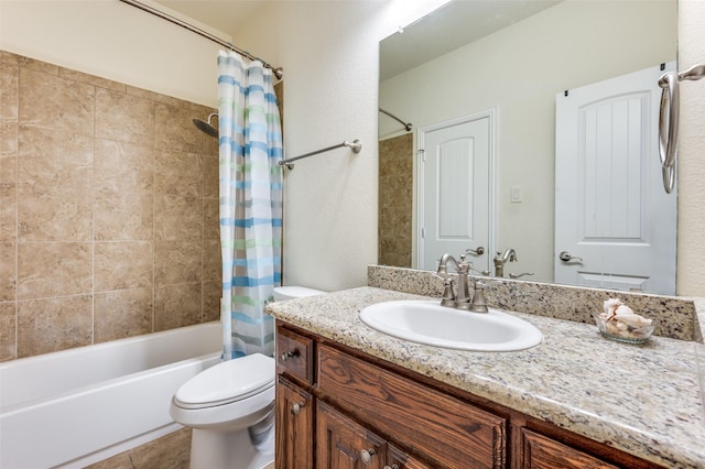 2807 Millington Dr, Highland Village, TX 75077 - full bath featuring shower / bath combination with curtain, vanity, toilet, and tile patterned floors