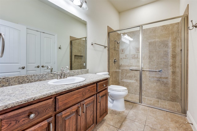2807 Millington Dr, Highland Village, TX 75077 - bathroom featuring a stall shower, vanity, toilet, and tile patterned floors