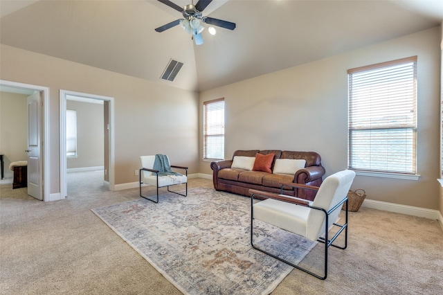 2807 Millington Dr, Highland Village, TX 75077 - carpeted living area with high vaulted ceiling, visible vents, ceiling fan, and baseboards