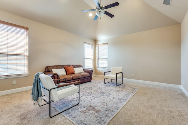 2807 Millington Dr, Highland Village, TX 75077 - carpeted living area featuring high vaulted ceiling, ceiling fan, visible vents, and baseboards