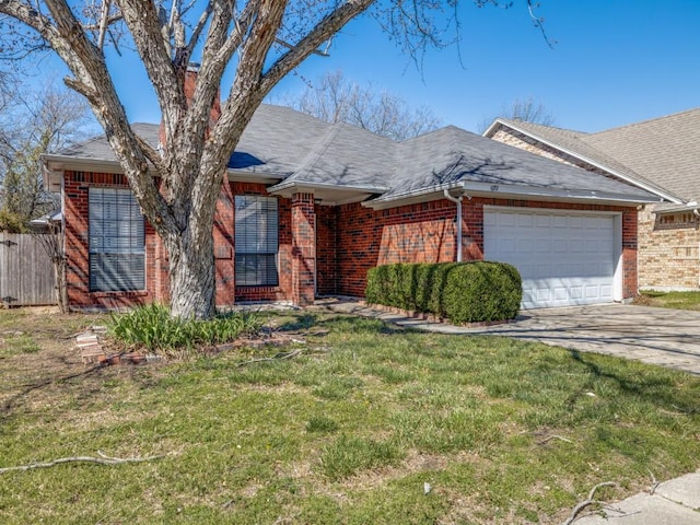 ranch-style house with a garage, a front lawn, concrete driveway, and brick siding