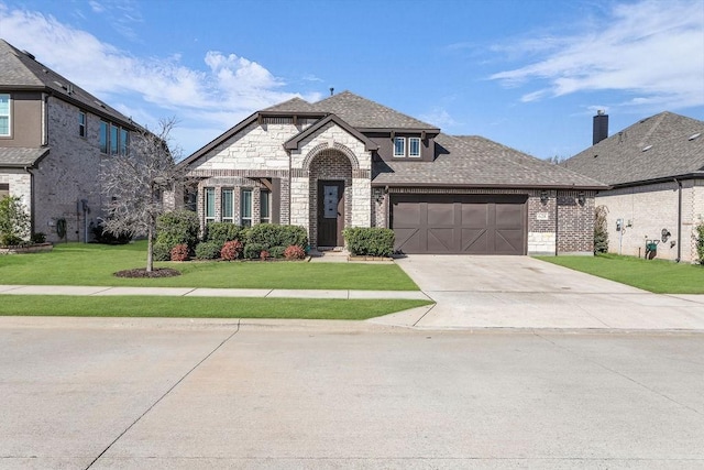 french country home featuring a front yard, driveway, roof with shingles, an attached garage, and stone siding