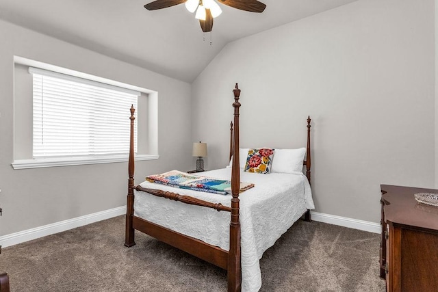 bedroom with lofted ceiling, baseboards, carpet floors, and ceiling fan