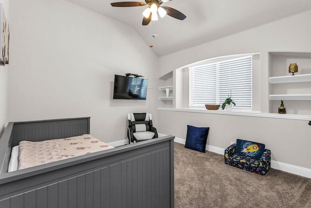 bedroom with baseboards, carpet, ceiling fan, and vaulted ceiling