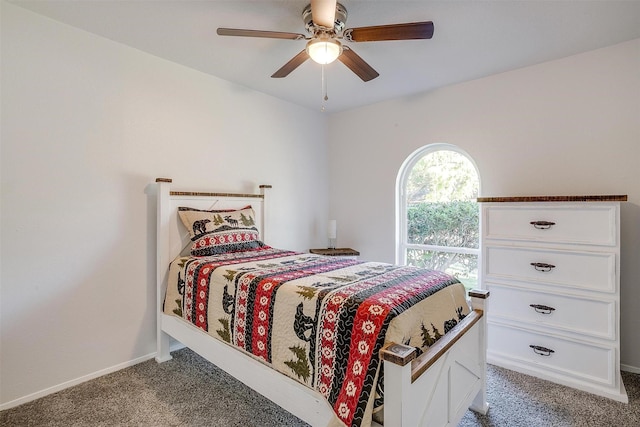 bedroom with light carpet, ceiling fan, and baseboards