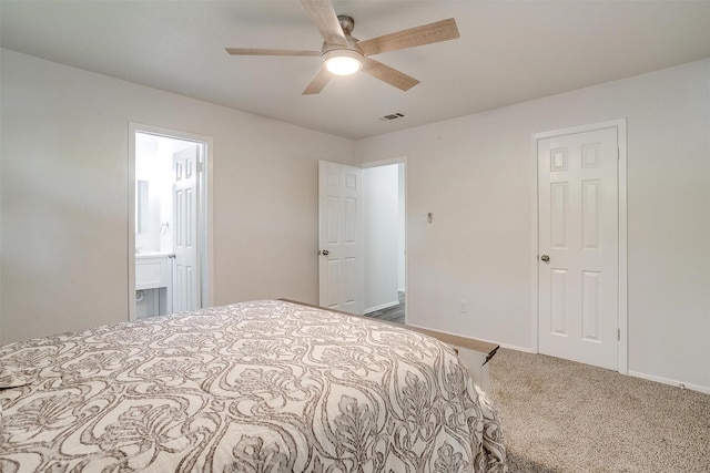 bedroom with a ceiling fan, carpet, visible vents, and baseboards