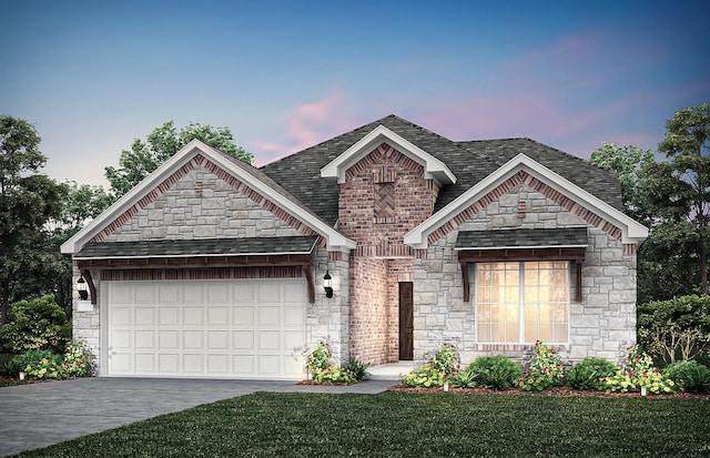 view of front of property with concrete driveway, roof with shingles, an attached garage, a front lawn, and brick siding