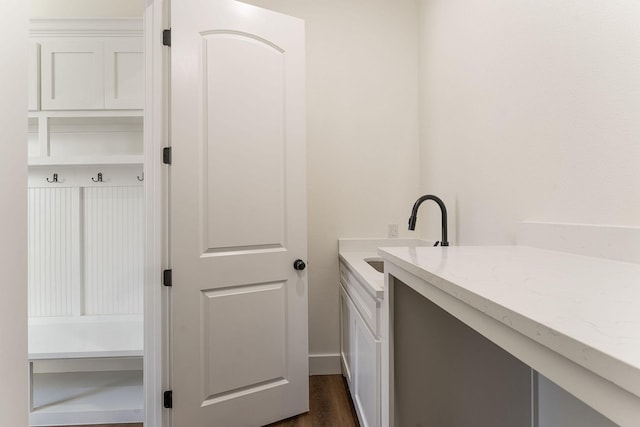 clothes washing area with dark wood-style flooring and a sink