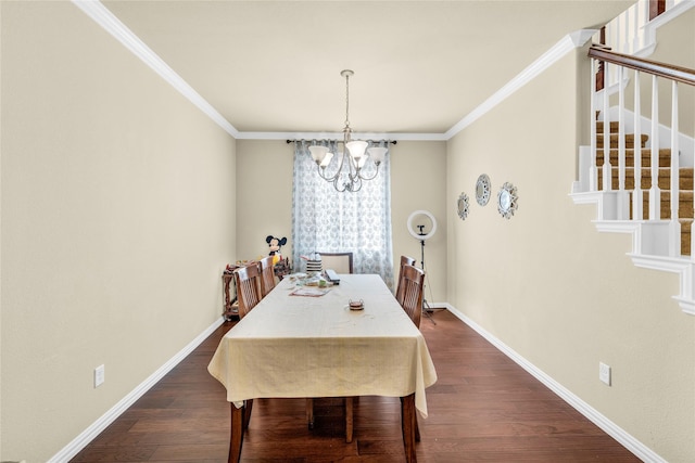 dining area with crown molding, baseboards, and dark wood-type flooring