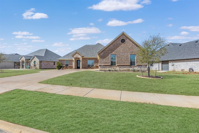 view of front of property with concrete driveway, brick siding, a front yard, and a shingled roof