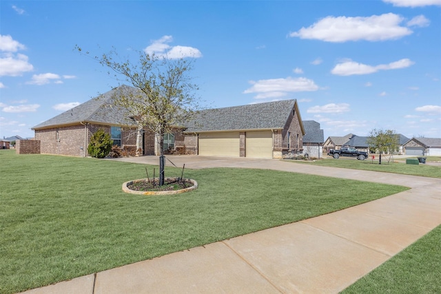 view of front of home featuring a garage, concrete driveway, brick siding, and a front yard