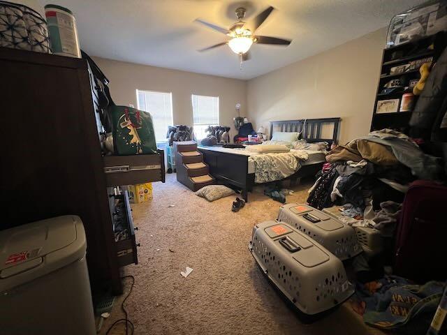 bedroom featuring ceiling fan and carpet flooring