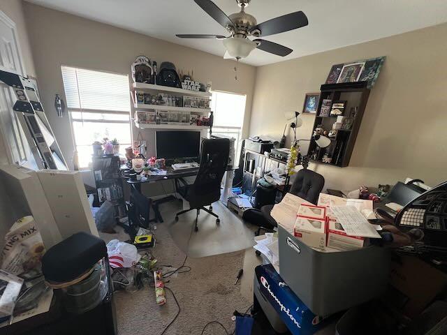 carpeted office featuring ceiling fan