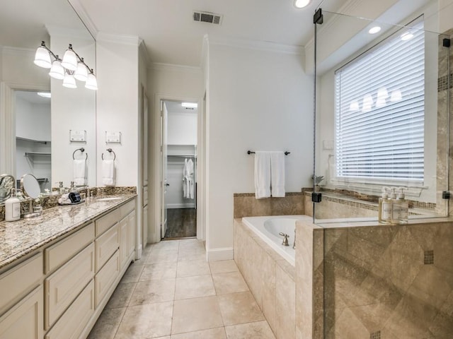 full bath with ornamental molding, a stall shower, visible vents, and tile patterned floors