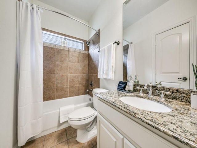 full bath with toilet, tile patterned floors, shower / bath combo, and vanity