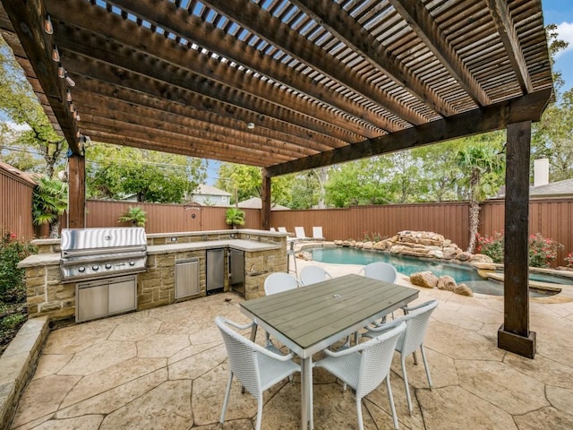 view of patio / terrace featuring a fenced in pool, a fenced backyard, grilling area, and area for grilling