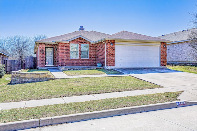 view of front of property featuring concrete driveway, an attached garage, fence, a front lawn, and brick siding