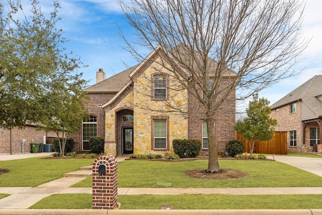 view of front of home with brick siding, a chimney, fence, stone siding, and a front lawn