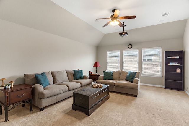 living room with lofted ceiling, visible vents, light carpet, ceiling fan, and baseboards