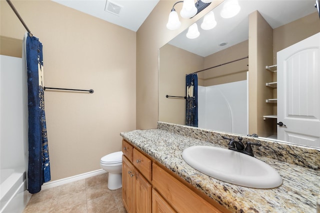 bathroom with baseboards, visible vents, toilet, tile patterned flooring, and vanity