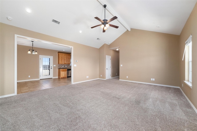 unfurnished living room with baseboards, visible vents, beamed ceiling, carpet, and ceiling fan with notable chandelier