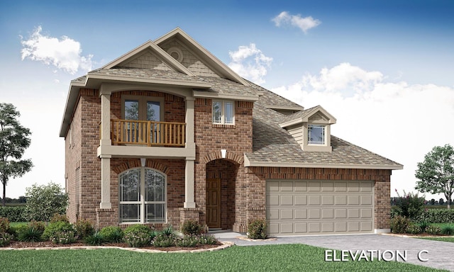 view of front of property with a garage, brick siding, driveway, and a balcony