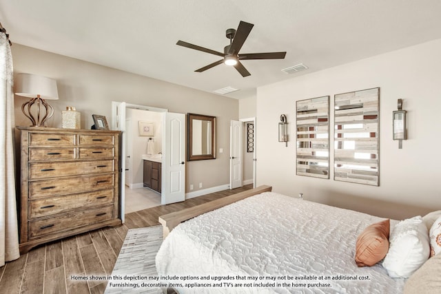 bedroom with baseboards, visible vents, a ceiling fan, connected bathroom, and wood finished floors