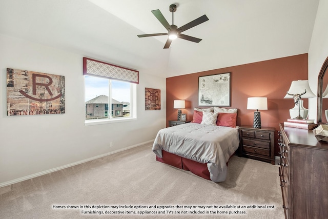 bedroom with ceiling fan, baseboards, vaulted ceiling, and carpet flooring