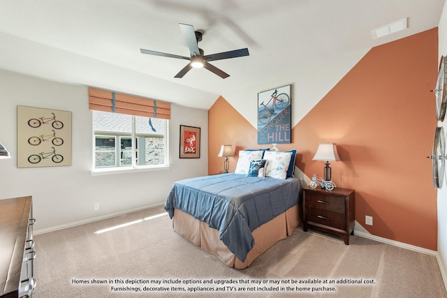 carpeted bedroom with lofted ceiling, ceiling fan, visible vents, and baseboards