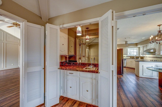 bathroom featuring a closet, wood finished floors, vanity, and ceiling fan with notable chandelier