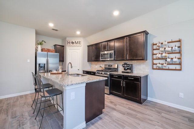 kitchen featuring a breakfast bar area, a sink, visible vents, appliances with stainless steel finishes, and backsplash