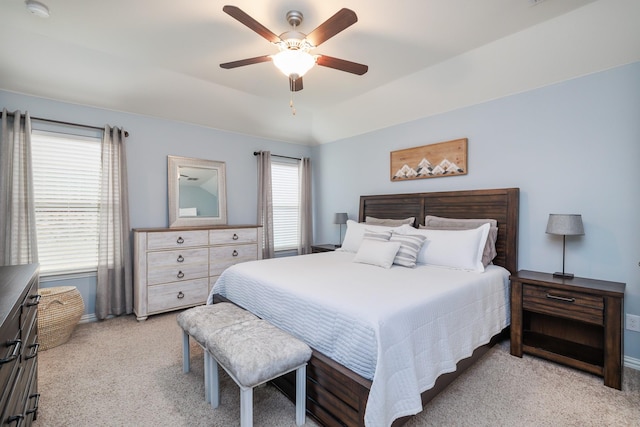 bedroom featuring carpet floors, ceiling fan, and baseboards