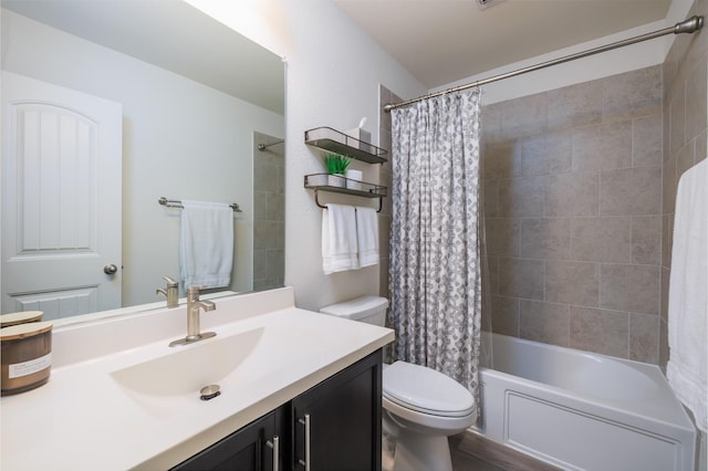 full bathroom with vanity, toilet, and shower / bathtub combination with curtain