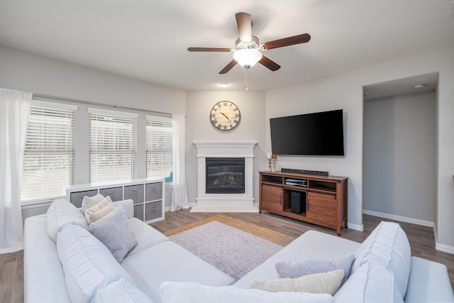 living area with ceiling fan, baseboards, wood finished floors, and a glass covered fireplace