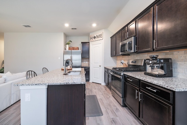 kitchen featuring visible vents, backsplash, light wood-style flooring, appliances with stainless steel finishes, and a sink