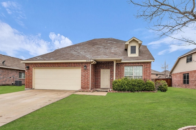 view of front facade with brick siding, concrete driveway, a garage, cooling unit, and a front lawn