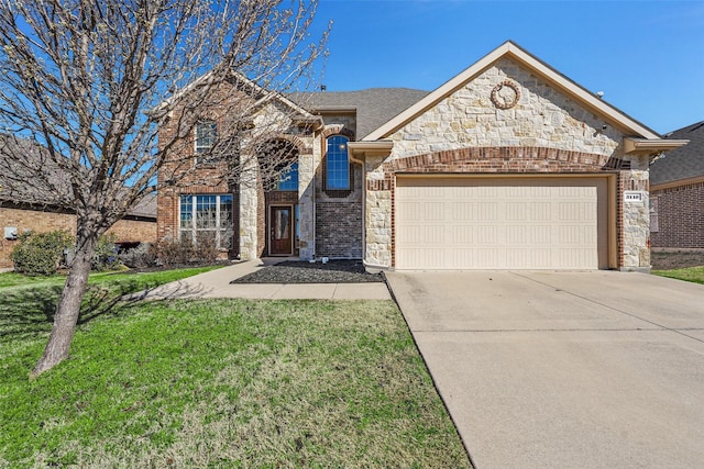 french country inspired facade featuring brick siding, concrete driveway, stone siding, an attached garage, and a front yard