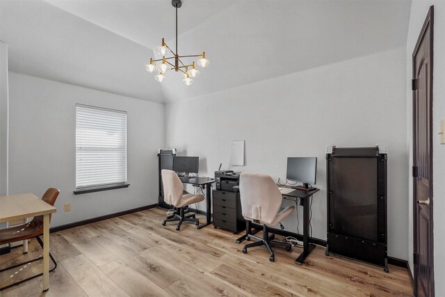 office with a chandelier, baseboards, wood finished floors, and lofted ceiling