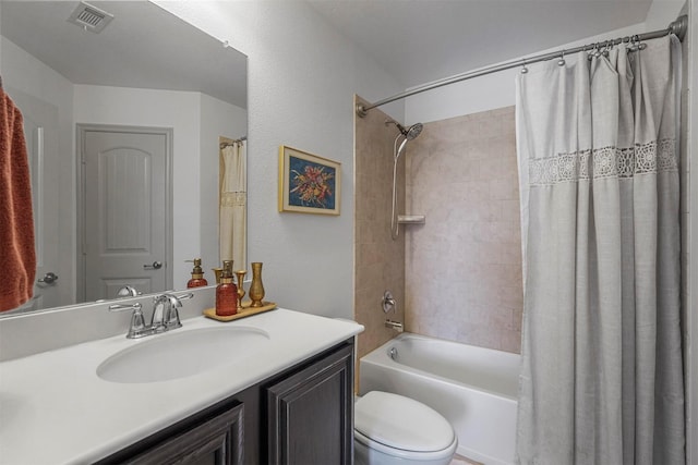 full bathroom with shower / bathtub combination with curtain, visible vents, vanity, and toilet