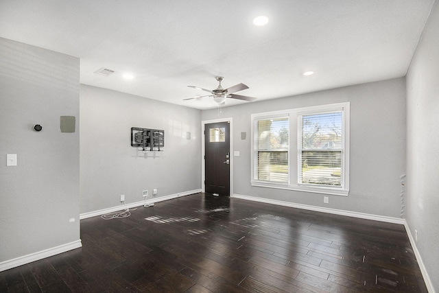 entrance foyer with visible vents, baseboards, a ceiling fan, wood finished floors, and recessed lighting