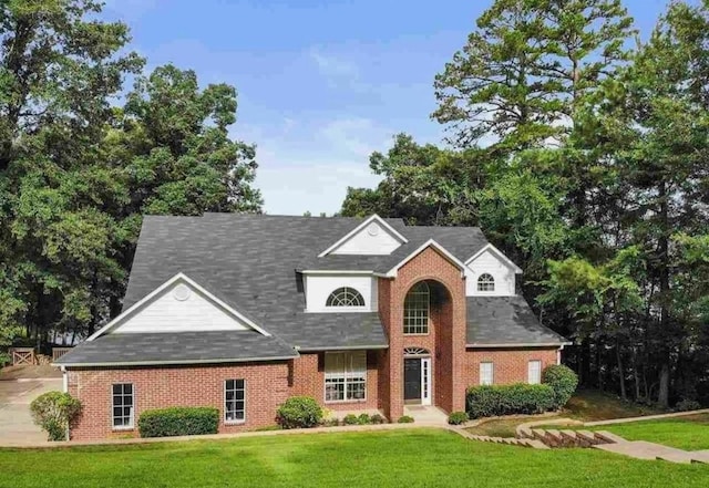 view of front facade featuring a front yard and brick siding