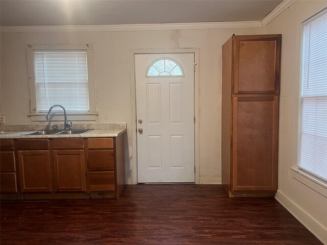 209 S Roosevelt St, Minden, LA 71075 - kitchen with a sink, ornamental molding, dark wood-style flooring, brown cabinetry, and light countertops