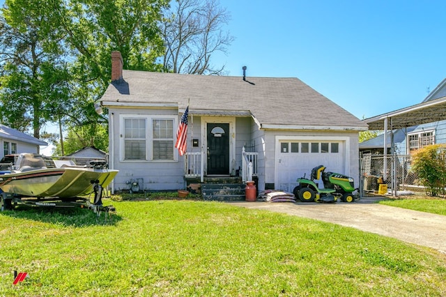 view of front facade featuring a garage, fence, concrete driveway, a chimney, and a front yard