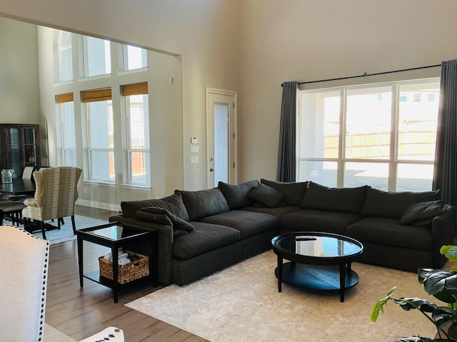 living room featuring a towering ceiling, baseboards, and wood finished floors