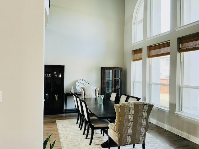 dining space featuring wood finished floors, a towering ceiling, and baseboards