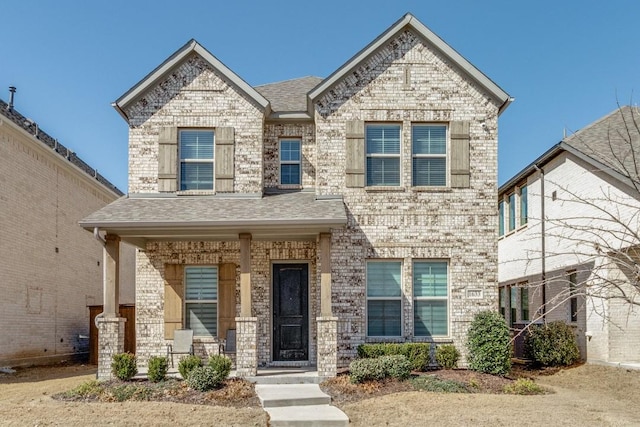 1633 Goodfield Ln, Garland, TX 75042 - view of front of home with covered porch, brick siding, and a shingled roof